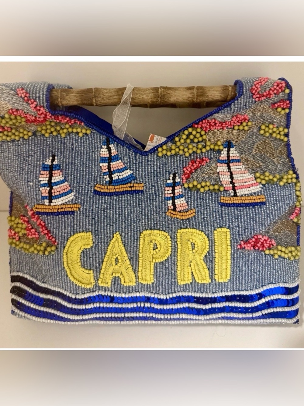 NWT Made in India Capri Italian Summer Vacation Wooden Embellished Beaded Bag